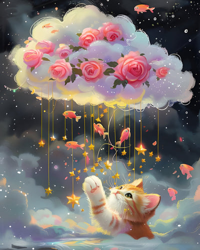 Chat Veut des Roses Roses dans les Nuages et des Poissons Rouges Broderie Diamant