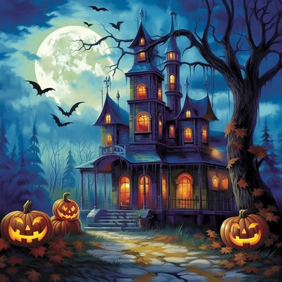 Château d’Halloween et Lanterne Citrouille Broderie Diamant