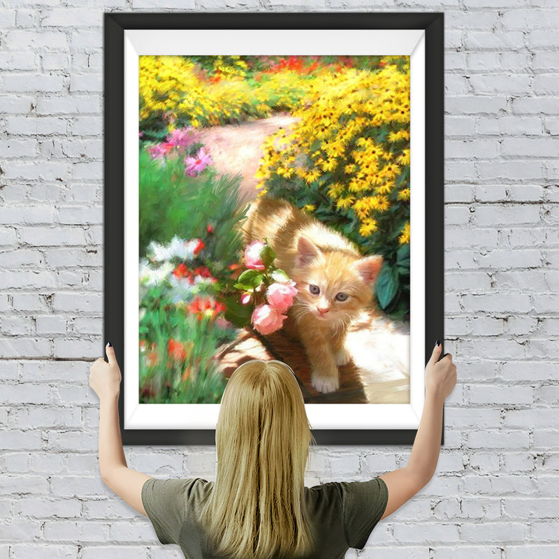 Chaton Doré et les Roses Broderie Diamant