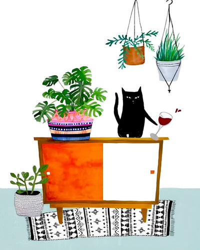 Chaton et Plantes Vertes en Pot sur le Placard Broderie Diamant