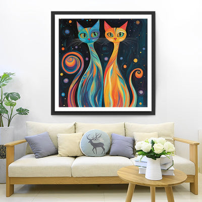 Chats Abstraits Bleus et Oranges Broderie Diamant