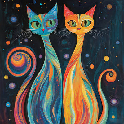 Chats Abstraits Bleus et Oranges Broderie Diamant