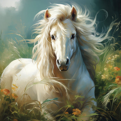 Cheval Blanc dans l’Herbe Broderie Diamant