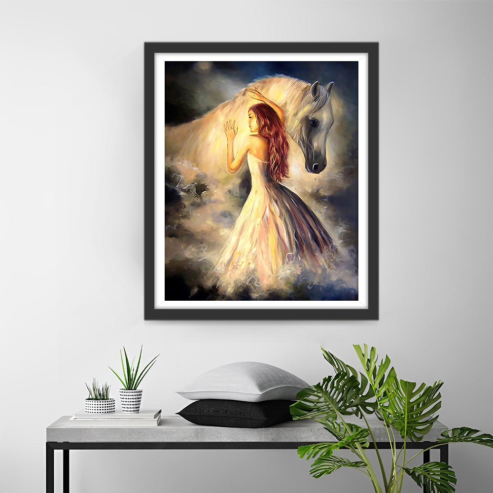 Cheval Blanc et Belle Femme Broderie Diamant