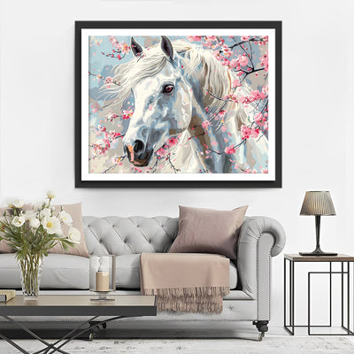 Cheval Blanc et Fleurs de Pêcher Broderie Diamant