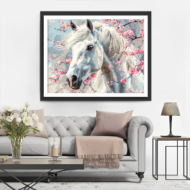 Cheval Blanc et Fleurs de Pêcher Broderie Diamant