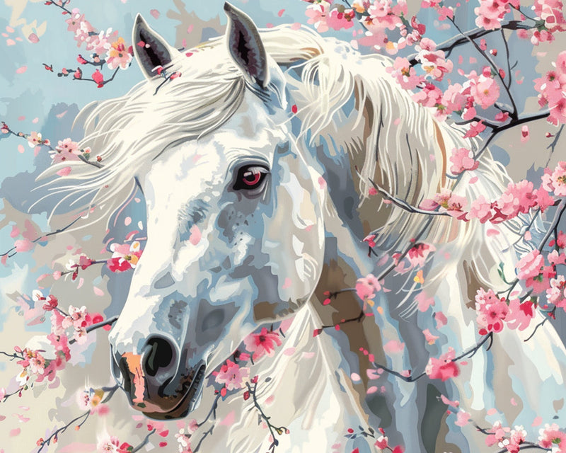Cheval Blanc et Fleurs de Pêcher Broderie Diamant