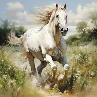 Cheval Blanc Galopant sur la Prairie Broderie Diamant