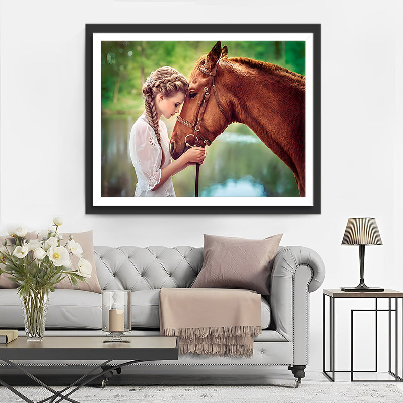 Cheval Brun et Belle Femme Broderie Diamant