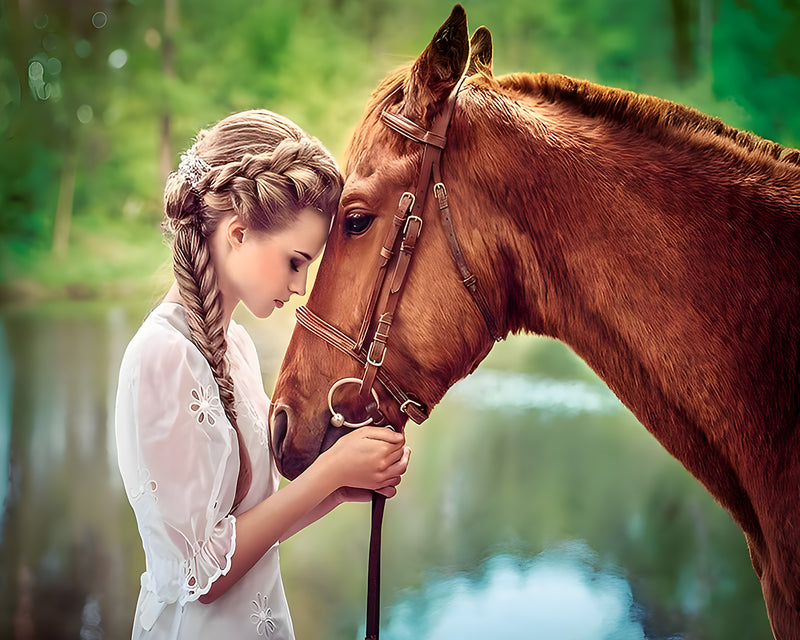 Cheval Brun et Belle Femme Broderie Diamant
