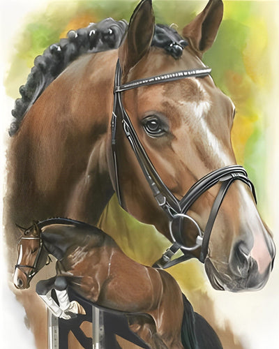 Cheval Brun Sautant par-dessus des Obstacles Broderie Diamant