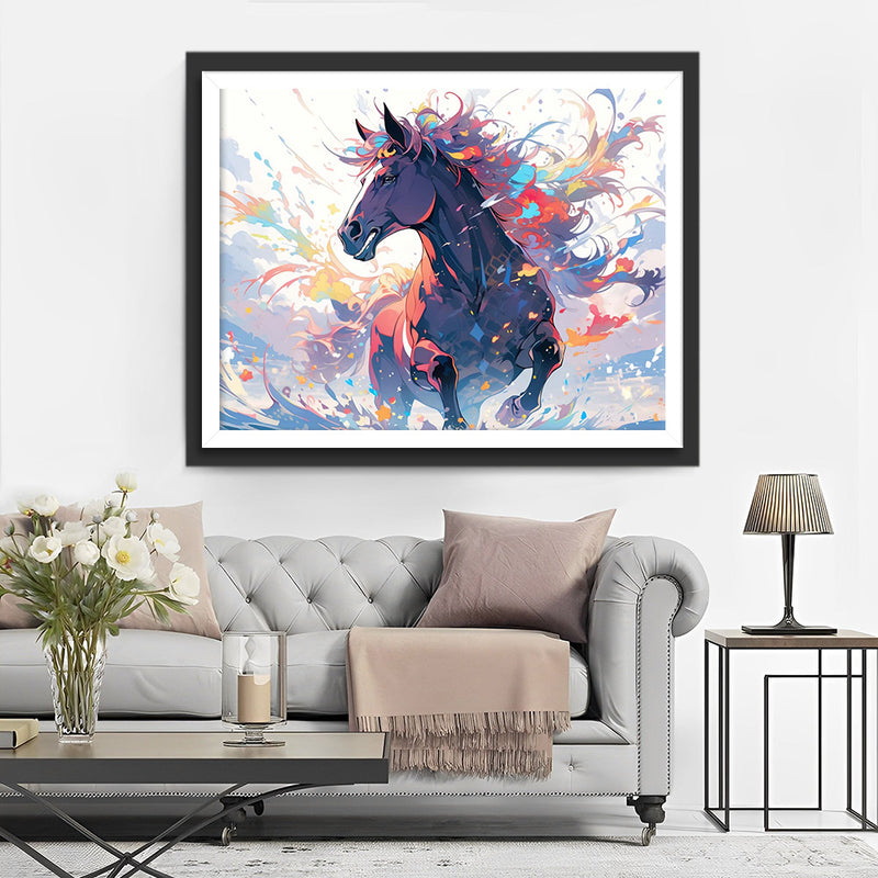 Cheval en Course Aquarelle Broderie Diamant