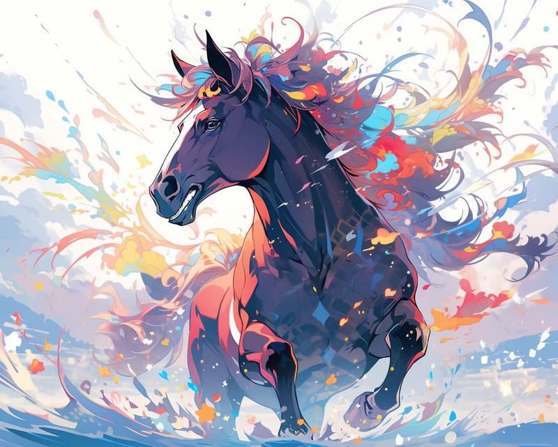 Cheval en Course Aquarelle Broderie Diamant