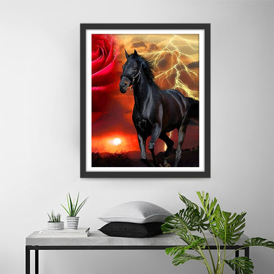 Cheval Noir et Rose Rouge Broderie Diamant