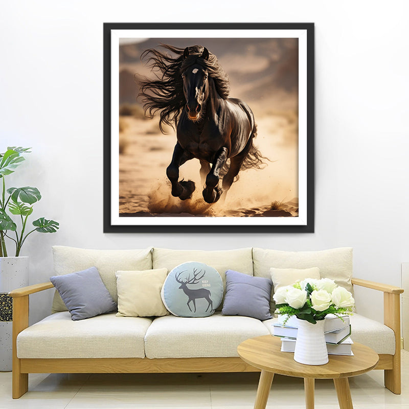 Cheval Sombre au Galop Broderie Diamant