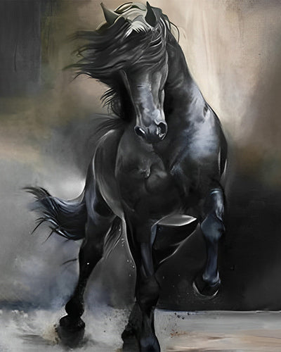 Cheval Sombre Heureux en Course Broderie Diamant