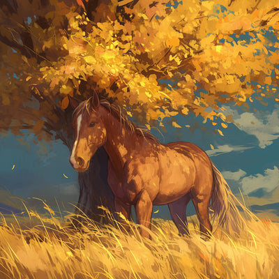 Cheval sous L'Arbre d'Automne Broderie Diamant