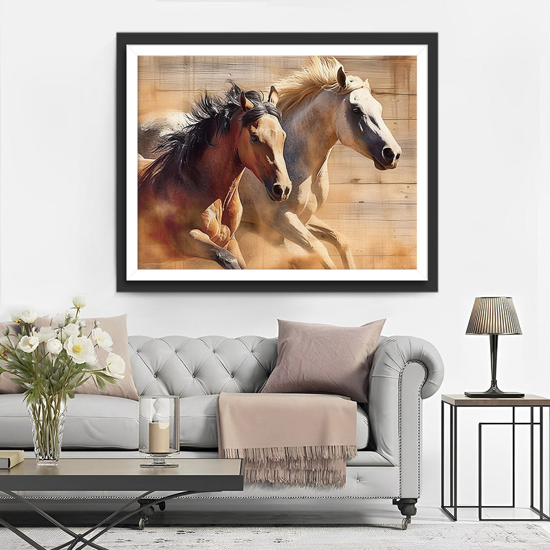 Chevaux Blanc et Brun au Galop Broderie Diamant