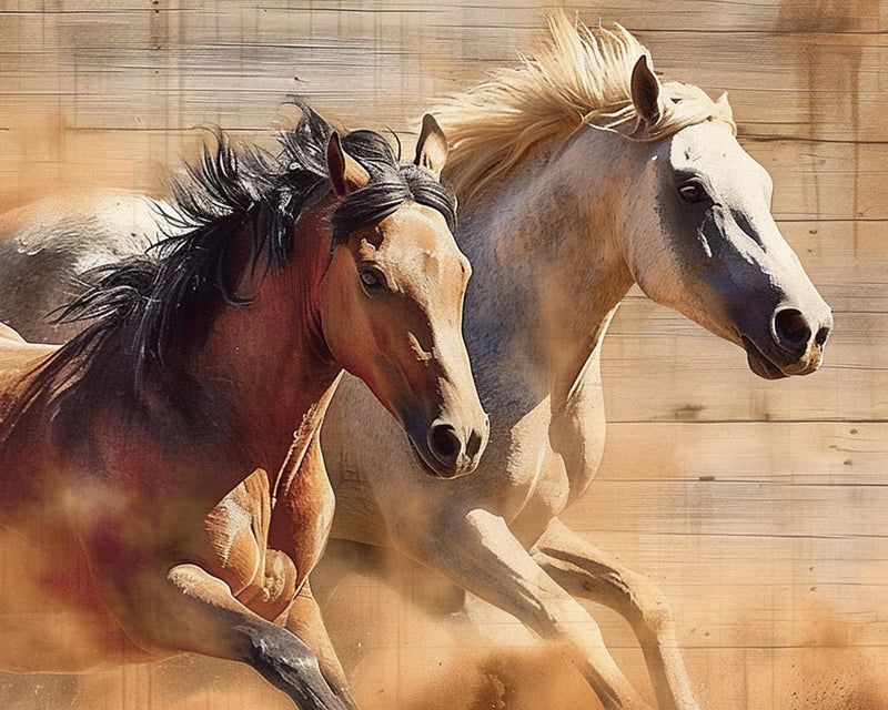 Chevaux Blanc et Brun au Galop Broderie Diamant
