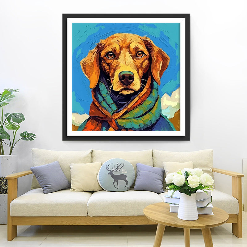 Chien avec une echarpe Verte Broderie Diamant