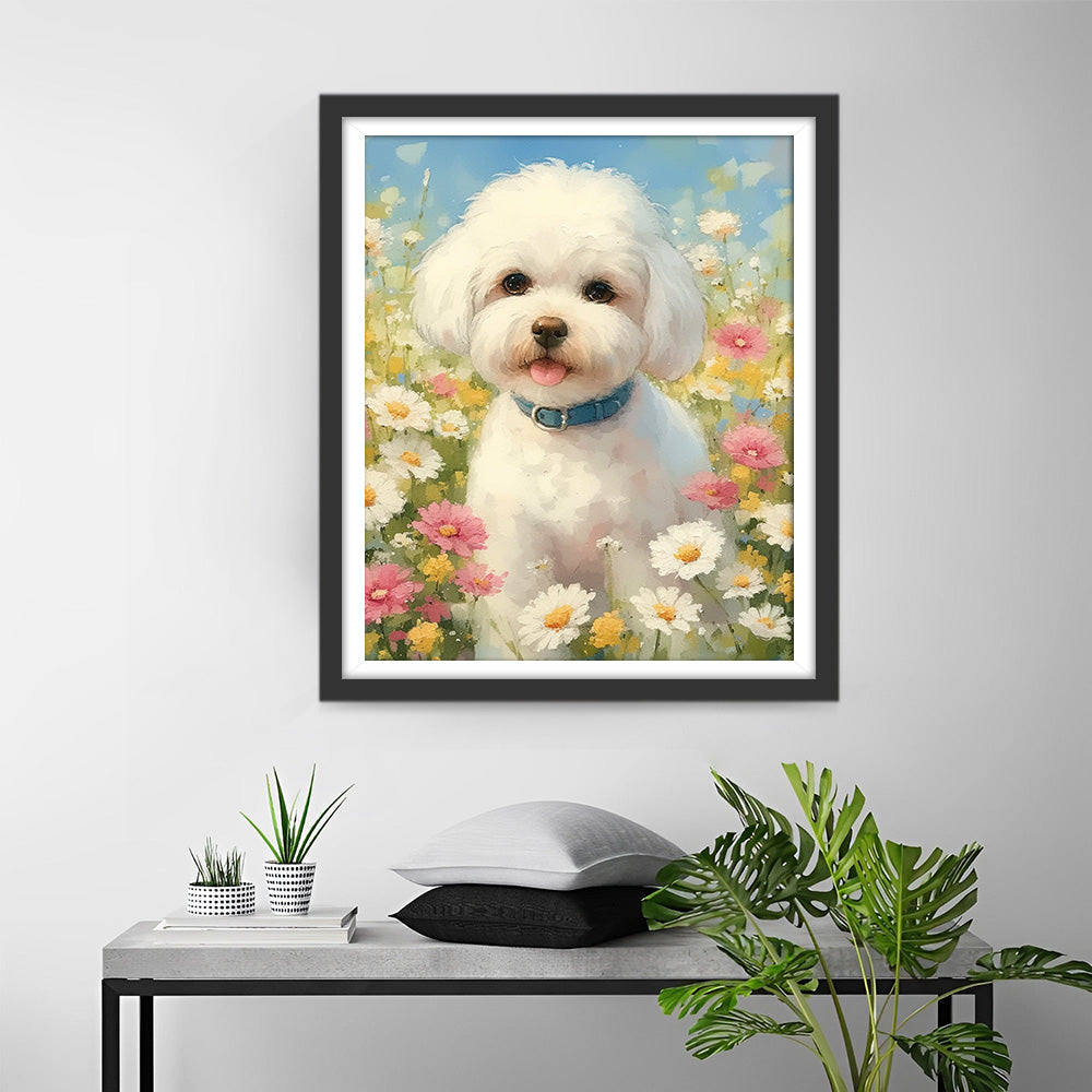 Chien Blanc dans le Champ de Fleurs Broderie Diamant