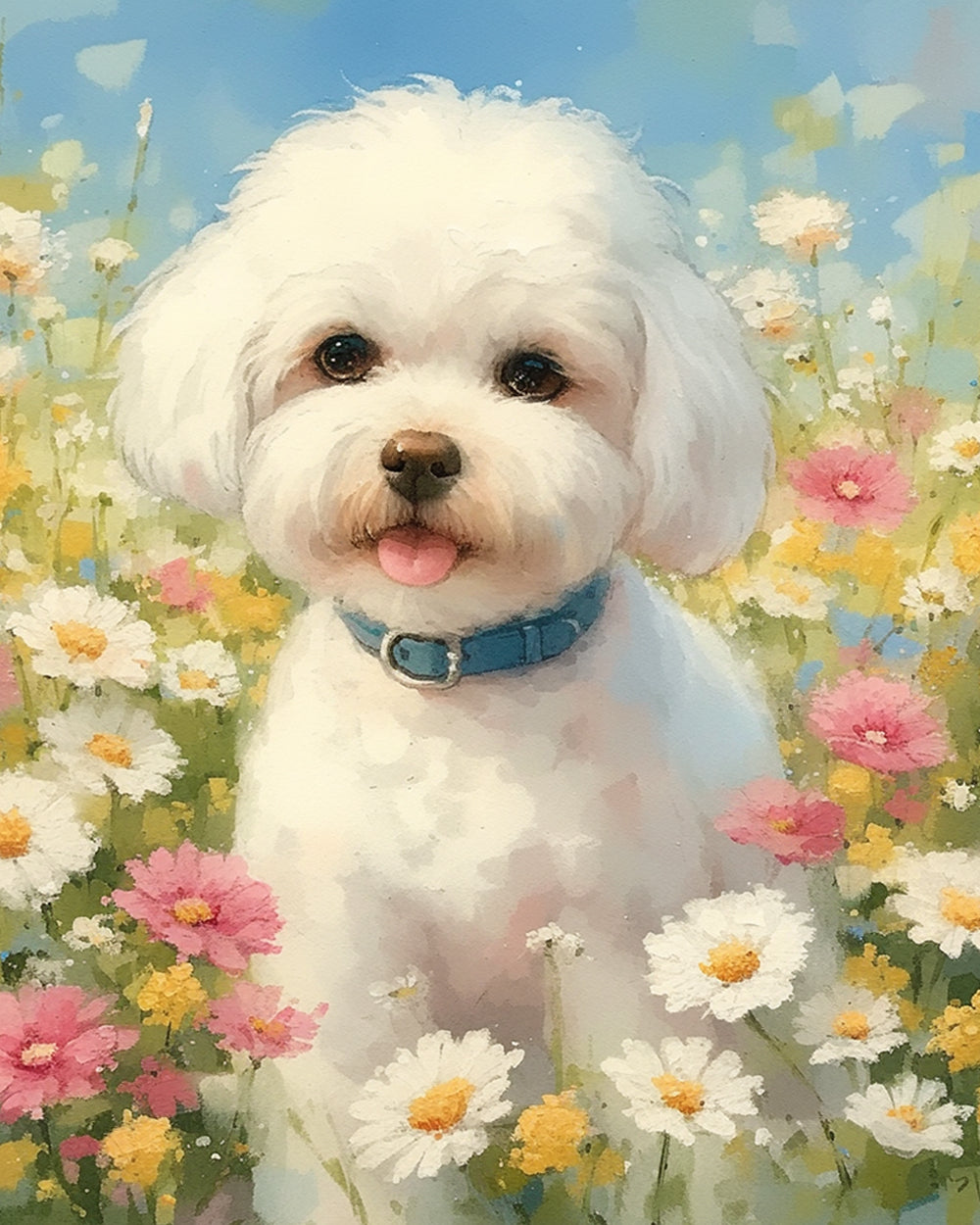 Chien Blanc dans le Champ de Fleurs Broderie Diamant