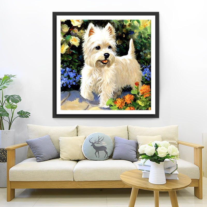 Chien Blanc Mignon et Fleurs Broderie Diamant