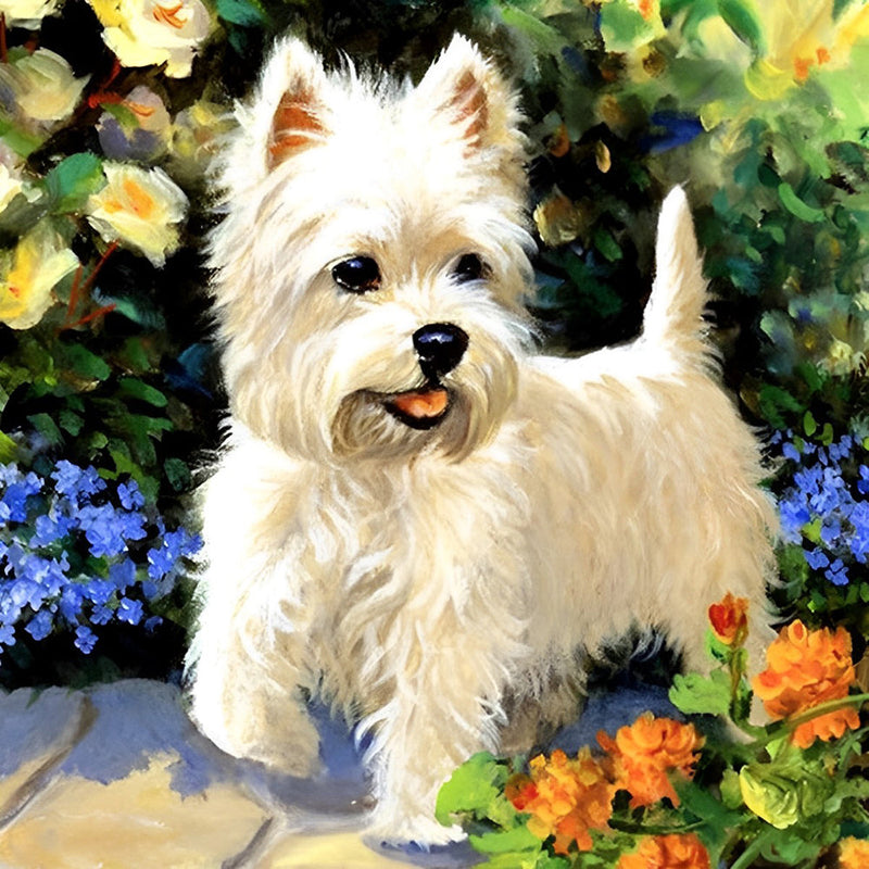 Chien Blanc Mignon et Fleurs Broderie Diamant