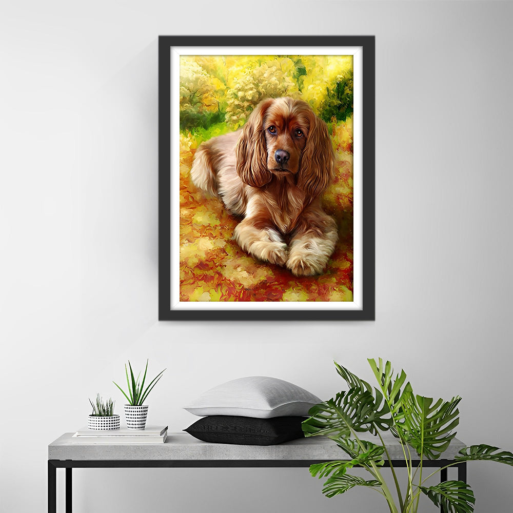 Chien Cocker et Fleurs Jaunes Broderie Diamant
