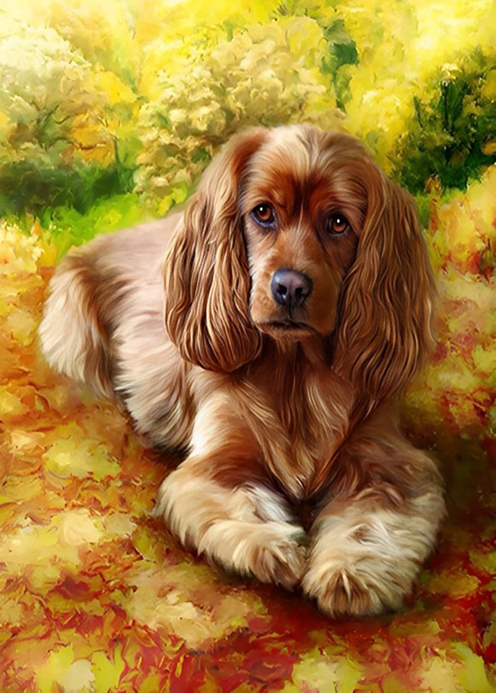 Chien Cocker et Fleurs Jaunes Broderie Diamant