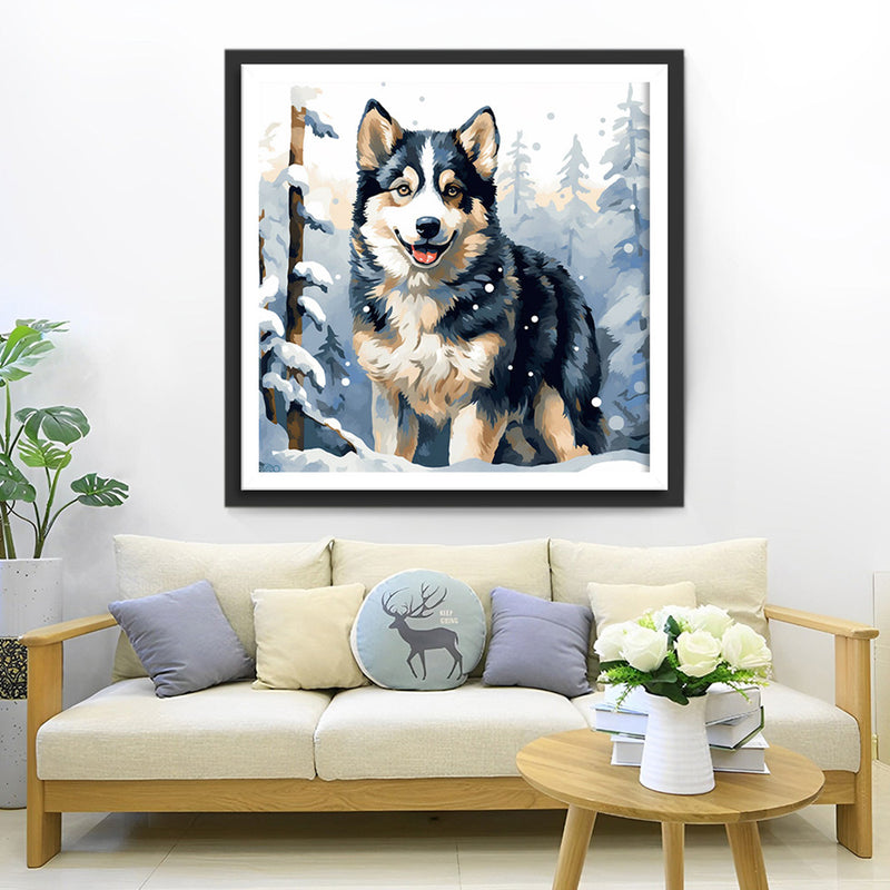 Chien dans la Forêt de Neige Broderie Diamant