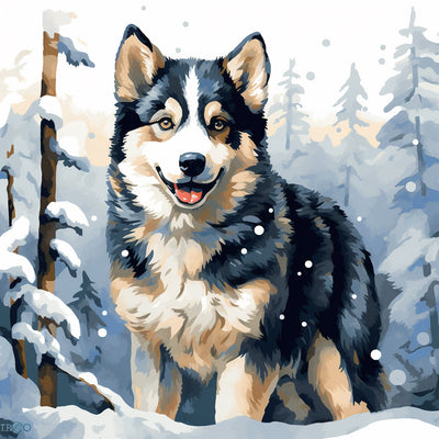 Chien dans la Forêt de Neige Broderie Diamant