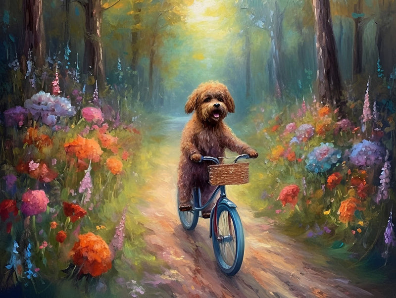 Chien Faisant du Vélo Broderie Diamant