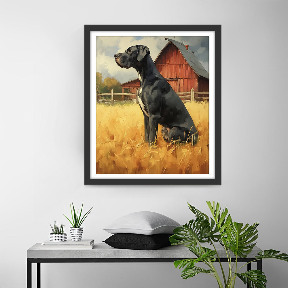 Chien Noir sur la Ferme d’Automne Broderie Diamant
