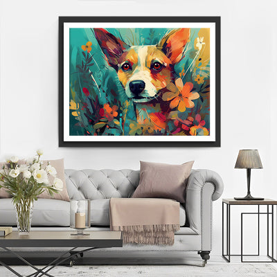 Chien parmi les Fleurs Broderie Diamant