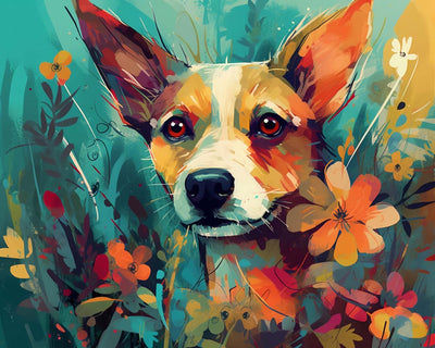 Chien parmi les Fleurs Broderie Diamant