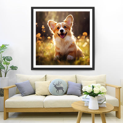 Chien Souriant sur l’Herbe Broderie Diamant