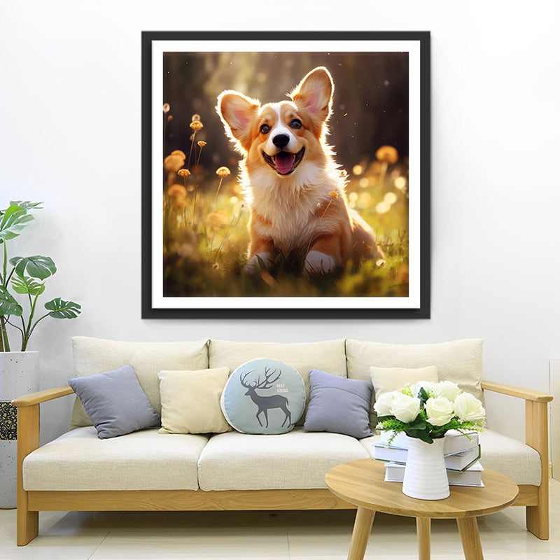 Chien Souriant sur l’Herbe Broderie Diamant