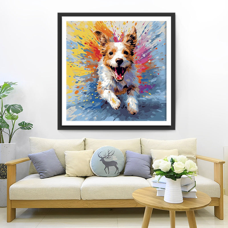 Chien Très Heureux qui Court Broderie Diamant