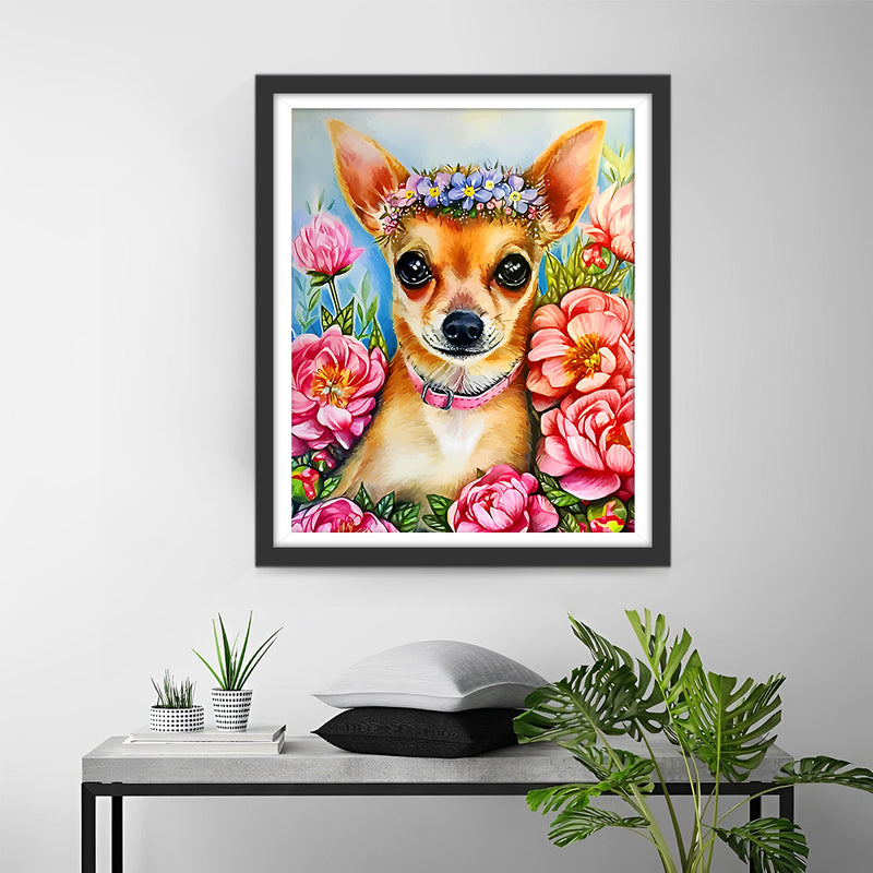 Chihuahua et Fleur Rose Broderie Diamant