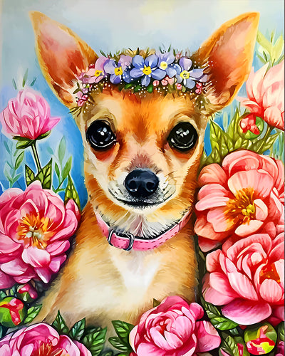 Chihuahua et Fleur Rose Broderie Diamant