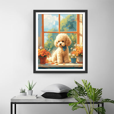 Chiot Mignon et Fleurs sur le Rebord de Fenêtre Broderie Diamant