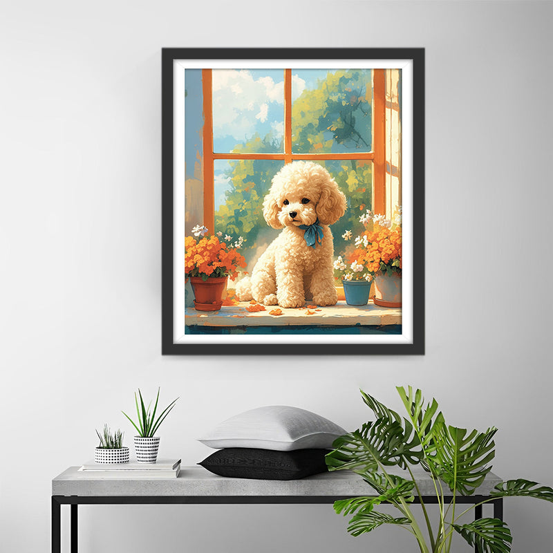 Chiot Mignon et Fleurs sur le Rebord de Fenêtre Broderie Diamant