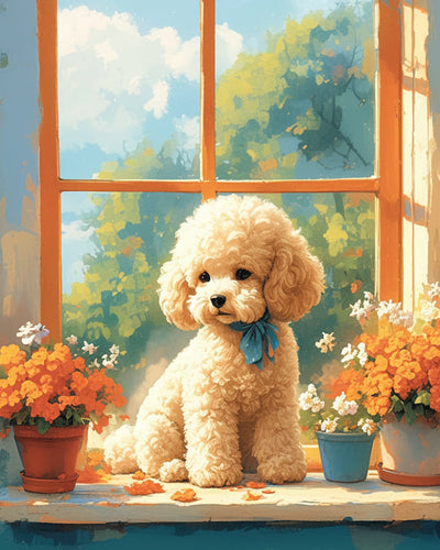 Chiot Mignon et Fleurs sur le Rebord de Fenêtre Broderie Diamant