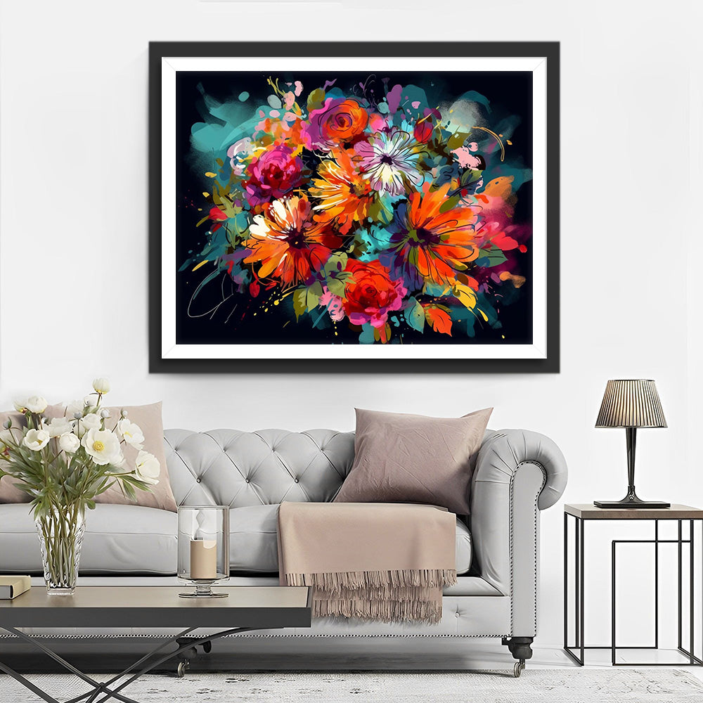 Chrysanthème Aquarelle dans le Noir Broderie Diamant