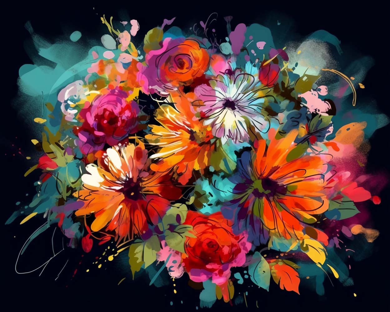 Chrysanthème Aquarelle dans le Noir Broderie Diamant