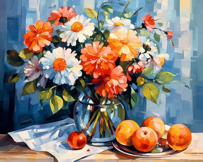 Chrysanthème dans une Bouteille et Fruits Broderie Diamant