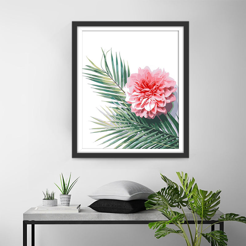 Chrysanthème Rose et Feuille Verte Broderie Diamant