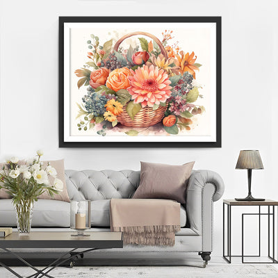 Chrysanthème Rose et Roses dans un Panier Broderie Diamant
