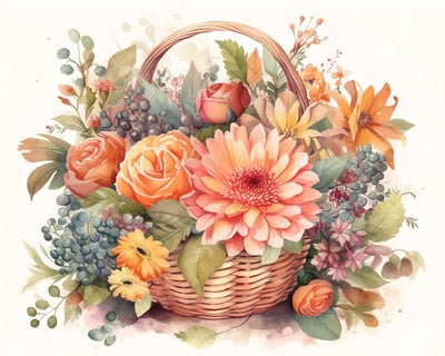 Chrysanthème Rose et Roses dans un Panier Broderie Diamant